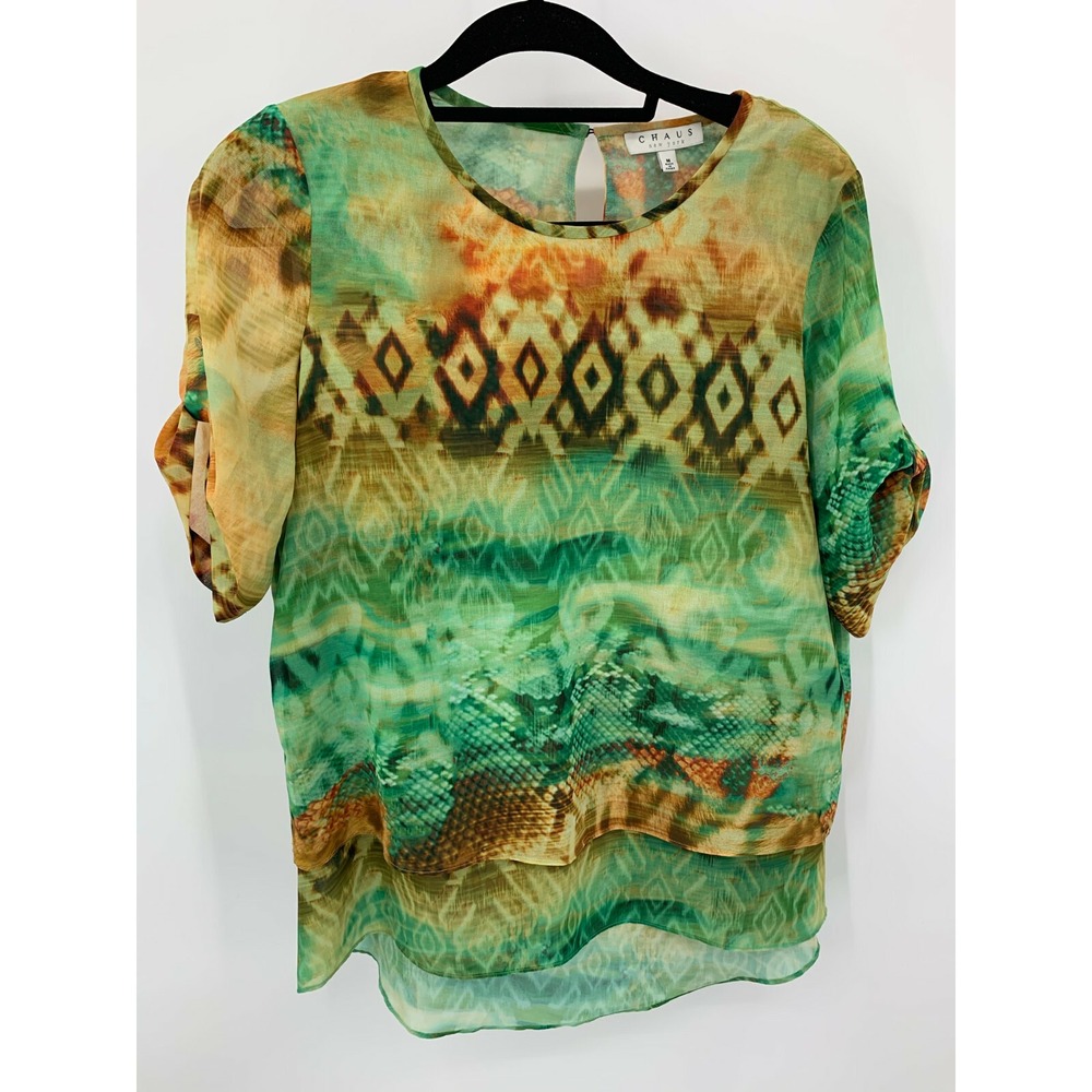 Chaus Size Medium Tiered Front High Low Watercolor Blouse Top Keyhole